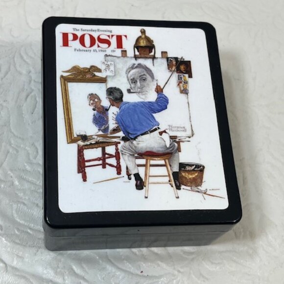 VTG Norman Rockwell Triple Self-Portrait Plastic Box w/Paper & Pencil 2.5"x3.25" - Picture 2 of 12